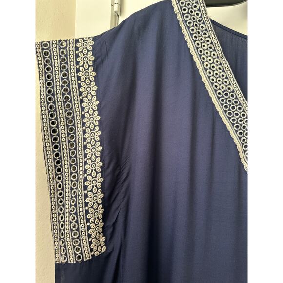 Dark Blue Kaftan Maxi Dress Ethnic Embroidery Women's XL Loungwear Beach Boho - Picture 3 of 6